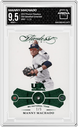 Manny Machado from the 2017 Panini Flawless set featuring a Emerald parallel graded by Arena Club and given an overall grade of 9.5.