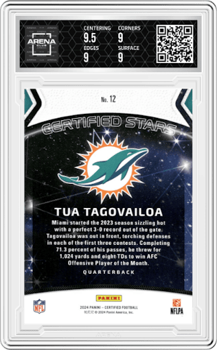 Tua Tagovailoa from the 2024 Panini Certified set featuring a Mirror Pink  parallel graded by Arena Club and given an overall grade of 9.