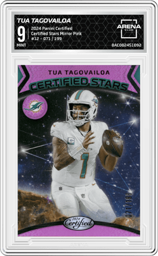 Tua Tagovailoa from the 2024 Panini Certified set featuring a Mirror Pink  parallel graded by Arena Club and given an overall grade of 9.