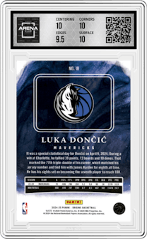 Luka Doncic from the 2024-25 Panini Origins set featuring a Neon Stripes parallel graded by Arena Club and given an overall grade of 10.