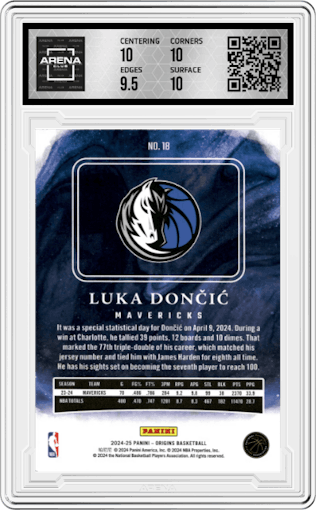 Luka Doncic from the 2024-25 Panini Origins set featuring a Neon Stripes parallel graded by Arena Club and given an overall grade of 10.
