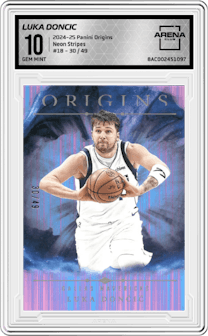 Luka Doncic from the 2024-25 Panini Origins set featuring a Neon Stripes parallel graded by Arena Club and given an overall grade of 10.