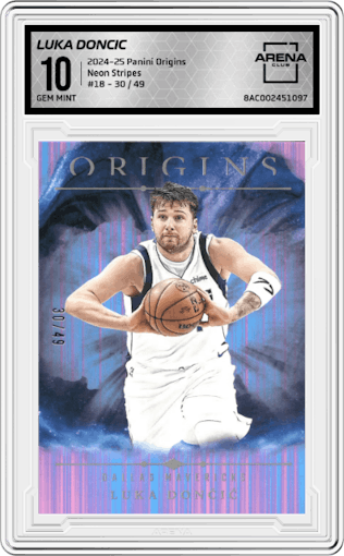 Luka Doncic from the 2024-25 Panini Origins set featuring a Neon Stripes parallel graded by Arena Club and given an overall grade of 10.