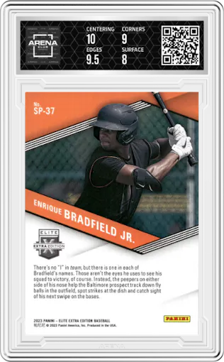 Enrique Bradfield Jr. from the 2023 Panini Elite Extra Edition set graded by Arena Club and given an overall grade of 8.5.