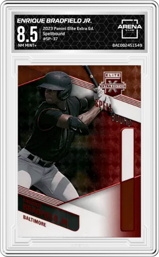 Enrique Bradfield Jr. from the 2023 Panini Elite Extra Edition set graded by Arena Club and given an overall grade of 8.5.