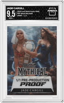Jade Cargill from the 2024 Leaf Metal Exotic Mythical Whatnot Exclusive set featuring a Pre-Production Proof Wave Mermaid parallel graded by Arena Club and given an overall grade of 9.5.