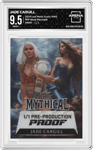 Jade Cargill from the 2024 Leaf Metal Exotic Mythical Whatnot Exclusive set featuring a Pre-Production Proof Wave Mermaid parallel graded by Arena Club and given an overall grade of 9.5.