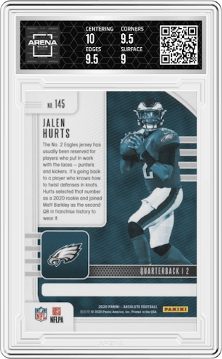Jalen Hurts from the 2020 Panini Absolute set graded by Arena Club and given an overall grade of 9.5.
