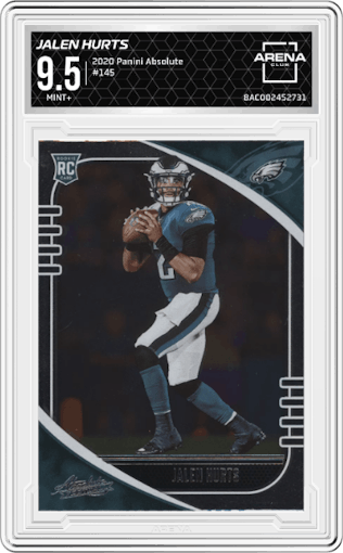 Jalen Hurts from the 2020 Panini Absolute set graded by Arena Club and given an overall grade of 9.5.