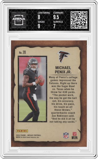 Michael Penix Jr. from the 2024 Panini Mosaic set graded by Arena Club and given an overall grade of 7.5.