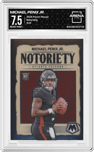 Michael Penix Jr. from the 2024 Panini Mosaic set graded by Arena Club and given an overall grade of 7.5.