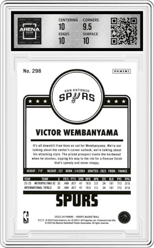 Victor Wembanyama from the 2023-24 Panini NBA Hoops set featuring a Winter parallel graded by Arena Club and given an overall grade of 10.
