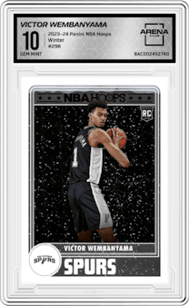 Victor Wembanyama from the 2023-24 Panini NBA Hoops set featuring a Winter parallel graded by Arena Club and given an overall grade of 10.