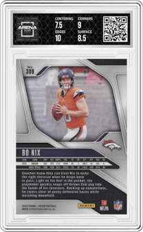 Bo Nix from the 2024 Panini Prizm set graded by Arena Club and given an overall grade of 8.