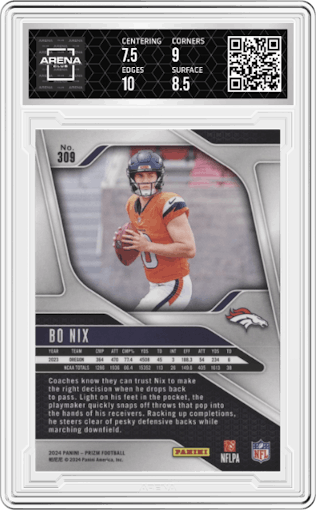Bo Nix from the 2024 Panini Prizm set graded by Arena Club and given an overall grade of 8.