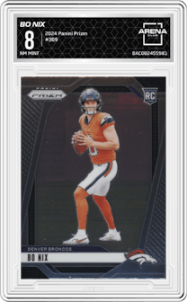 Bo Nix from the 2024 Panini Prizm set graded by Arena Club and given an overall grade of 8.