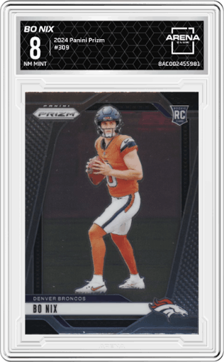 Bo Nix from the 2024 Panini Prizm set graded by Arena Club and given an overall grade of 8.