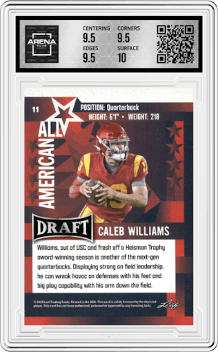 Caleb Williams from the 2023 Leaf Draft set graded by Arena Club and given an overall grade of 10.