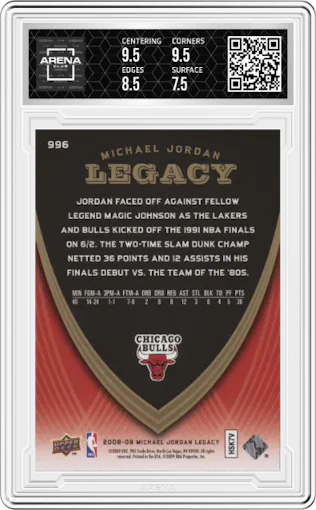 Michael Jordan from the 2008-09 Upper Deck Michael Jordan Legacy Collection set graded by Arena Club and given an overall grade of 8.