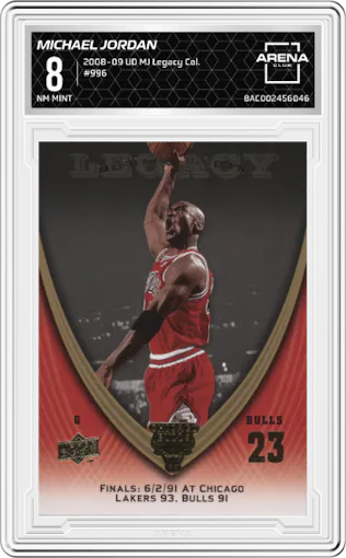 Michael Jordan from the 2008-09 Upper Deck Michael Jordan Legacy Collection set graded by Arena Club and given an overall grade of 8.