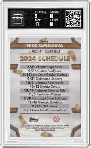 Nico Iamaleava from the 2024 Bowman University Chrome set graded by Arena Club and given an overall grade of 9.5.