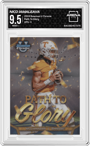 Nico Iamaleava from the 2024 Bowman University Chrome set graded by Arena Club and given an overall grade of 9.5.