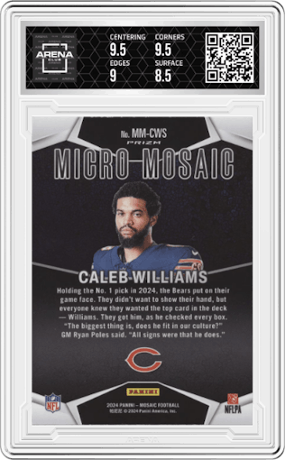 Caleb Williams from the 2024 Panini Mosaic set graded by Arena Club and given an overall grade of 9.