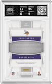 Cris Carter/Randy Moss from the 2019 Panini National Treasures set featuring a Prime parallel graded by Arena Club and given an overall grade of 9.5.