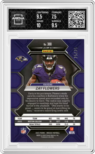 Zay Flowers  from the 2023 Panini Mosaic set featuring a Orange Fluorescent parallel graded by Arena Club and given an overall grade of 8.