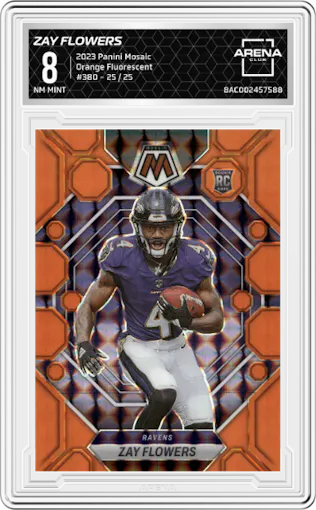 Zay Flowers  from the 2023 Panini Mosaic set featuring a Orange Fluorescent parallel graded by Arena Club and given an overall grade of 8.