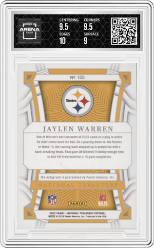 Jaylen Warren from the 2022 Panini National Treasures set featuring a Red parallel graded by Arena Club and given an overall grade of 9.5.
