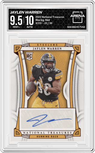 Jaylen Warren from the 2022 Panini National Treasures set featuring a Red parallel graded by Arena Club and given an overall grade of 9.5.