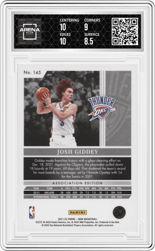 Josh Giddey from the 2021-22 Panini Noir set featuring a Holo Silver parallel graded by Arena Club and given an overall grade of 9.