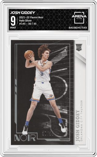 Josh Giddey from the 2021-22 Panini Noir set featuring a Holo Silver parallel graded by Arena Club and given an overall grade of 9.