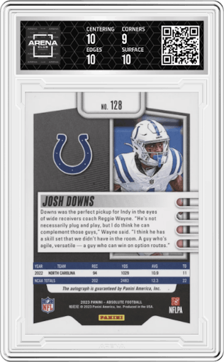 Josh Downs from the 2023 Panini Absolute set featuring a Blue Spectrum parallel graded by Arena Club and given an overall grade of 9.5.