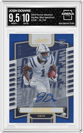 Josh Downs from the 2023 Panini Absolute set featuring a Blue Spectrum parallel graded by Arena Club and given an overall grade of 9.5.