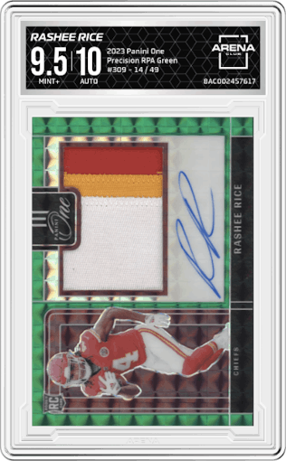 Rashee Rice from the 2023 Panini One set featuring a Green parallel graded by Arena Club and given an overall grade of 9.5.