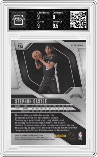 Stephon Castle from the 2024-25 Panini Prizm set featuring a Silver Prizm parallel graded by Arena Club and given an overall grade of 9.