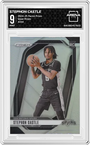 Stephon Castle from the 2024-25 Panini Prizm set featuring a Silver Prizm parallel graded by Arena Club and given an overall grade of 9.