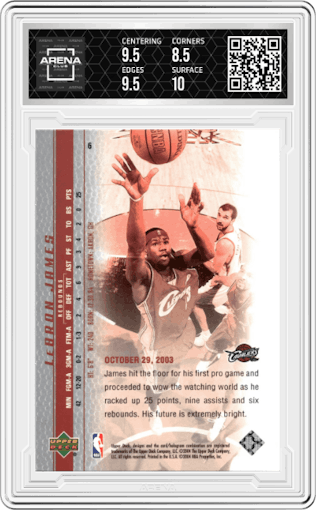 LeBron James from the 2003-04 Upper Deck LeBron James  set graded by Arena Club and given an overall grade of 9.