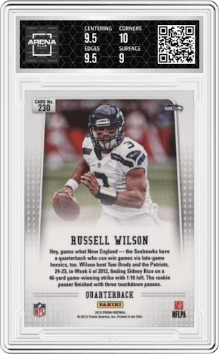 Russell Wilson from the 2012 Panini Prizm set graded by Arena Club and given an overall grade of 9.5.