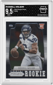 Russell Wilson from the 2012 Panini Prizm set graded by Arena Club and given an overall grade of 9.5.