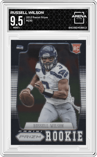 Russell Wilson from the 2012 Panini Prizm set graded by Arena Club and given an overall grade of 9.5.