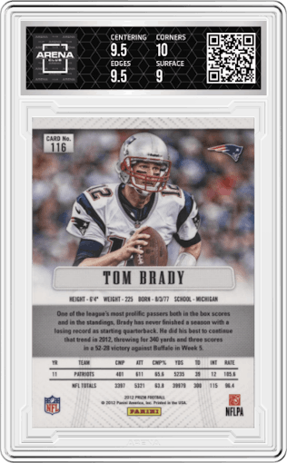 Tom Brady from the 2012 Panini Prizm set graded by Arena Club and given an overall grade of 9.5.