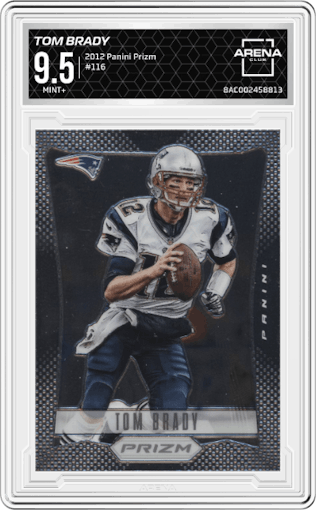 Tom Brady from the 2012 Panini Prizm set graded by Arena Club and given an overall grade of 9.5.