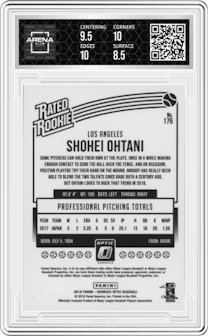 Shohei Ohtani from the 2018 Panini Donruss Optic set graded by Arena Club and given an overall grade of 9.