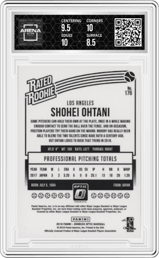 Shohei Ohtani from the 2018 Panini Donruss Optic set graded by Arena Club and given an overall grade of 9.