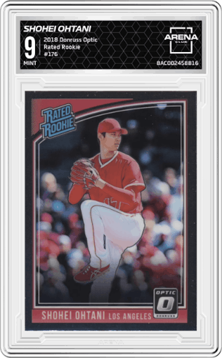 Shohei Ohtani from the 2018 Panini Donruss Optic set graded by Arena Club and given an overall grade of 9.