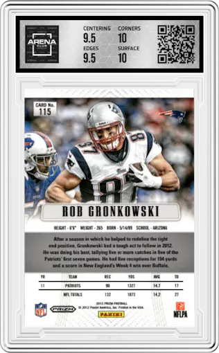 Rob Gronkowski from the 2012 Panini Prizm set featuring a Green Prizm  parallel graded by Arena Club and given an overall grade of 10.