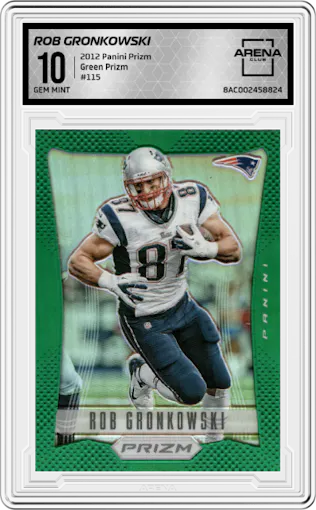 Rob Gronkowski from the 2012 Panini Prizm set featuring a Green Prizm  parallel graded by Arena Club and given an overall grade of 10.